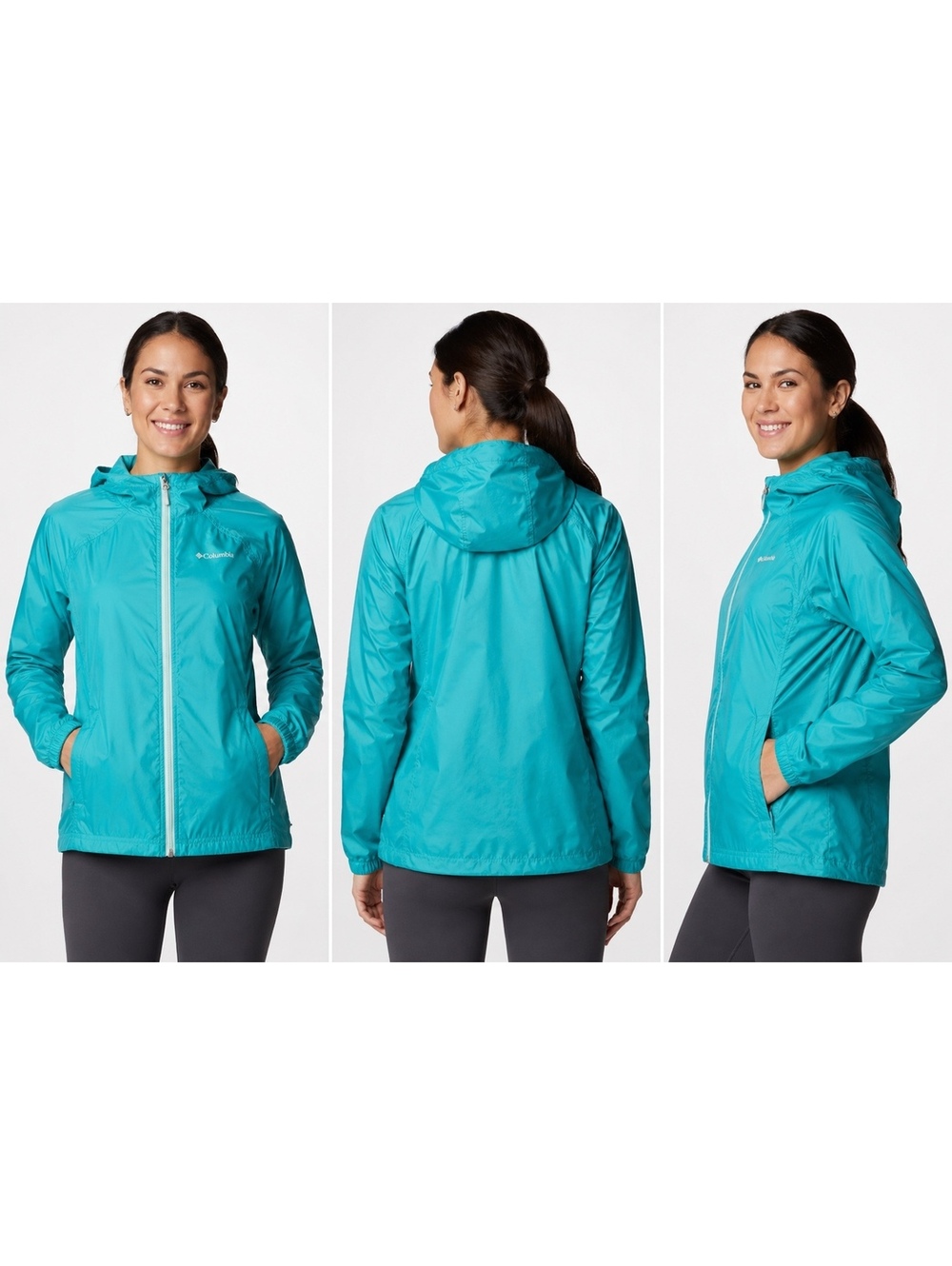 Columbia Women’s Teal Hooded Lightweight Rain Jacket Windbreaker Full Zip Size L